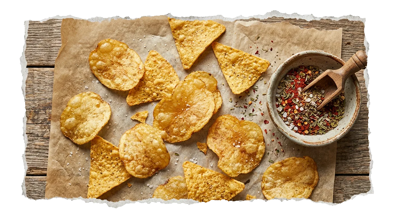 Seasoned potato and corn chips on baking paper