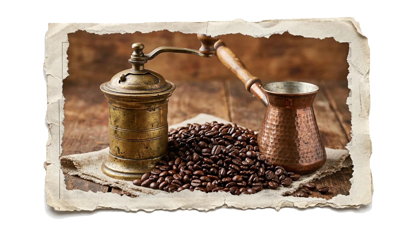 Brass coffee grinder, copper cezve and roasted coffee beans