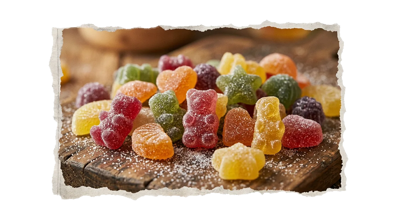 Gezuckerte Fruchtgummis auf einem Holztisch
