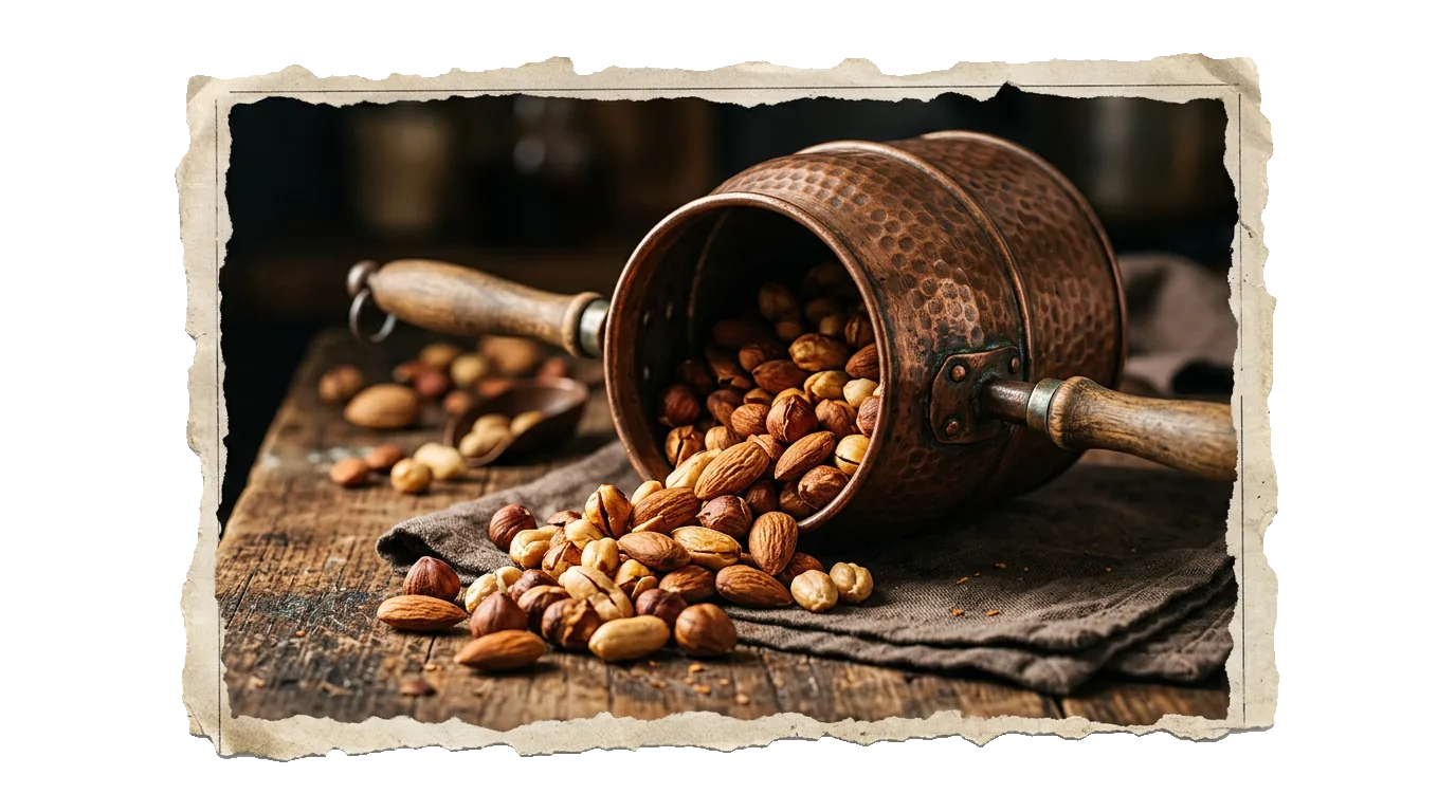 Roasted nuts spilling from a copper pot onto a wooden table